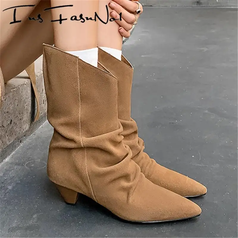 Fashion Designer Women Ankle Boots Luxury Pointed Toe Spike Heel Genuine Leather Knight Boots Mujer All Match Casual V-Cut Shoes