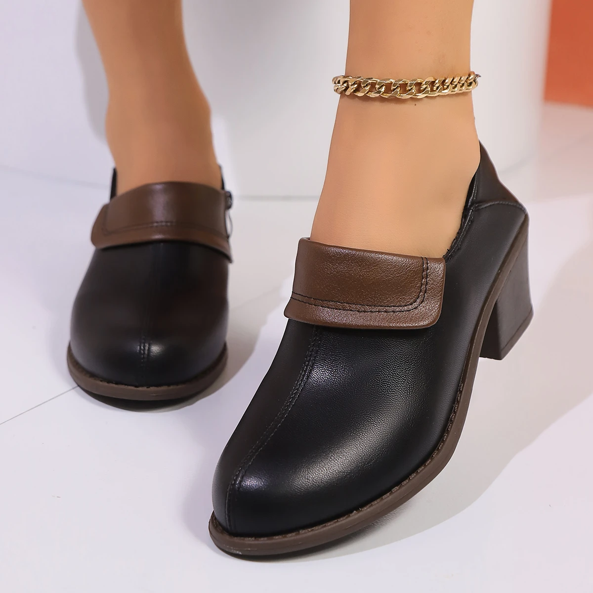 Zapatos de tacón de bloque de boca profunda para mujer, calzado informal, cómodo, a la moda, para primavera y otoño, para uso diario, para oficina y mamá