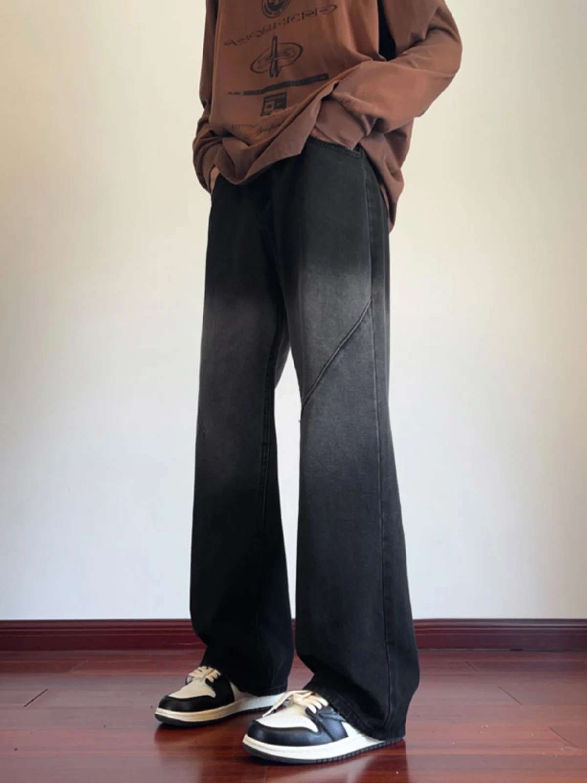 

Мужские джинсы в стиле ретро с высокой талией, Haome, лоскутный дизайн, прямые длинные брюки, осенняя мода, молодежный тренд