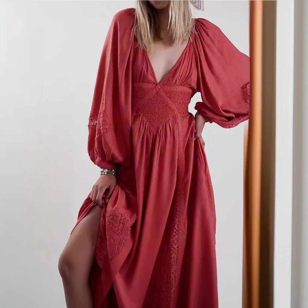 Sexy Deep V Neck Shirring Waist Splicing Lace Maxi Dresses Women Robe Vintage Puff Long Sleeve Dress Boho Beach Casual Vestidos