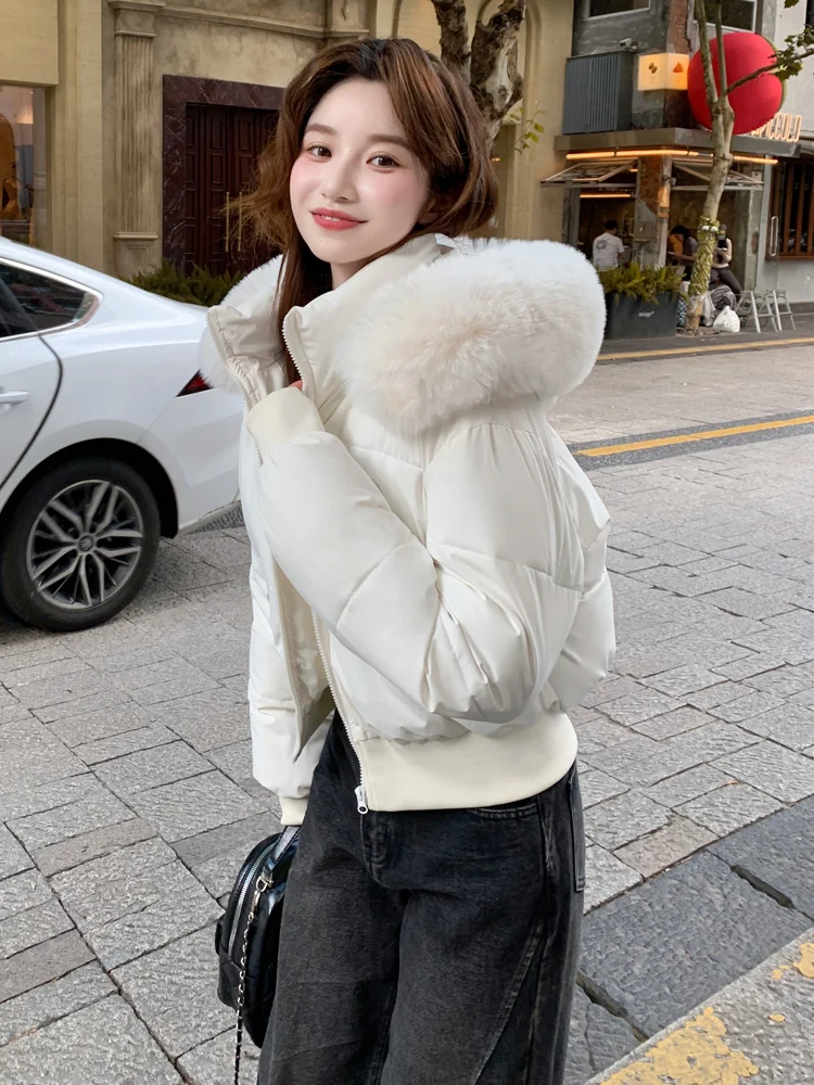 

k Синяя хлопковая куртка с капюшоном, женское пальто с меховым воротником, зимнее новое поступление, свободный крой, милый полиэстер, F...