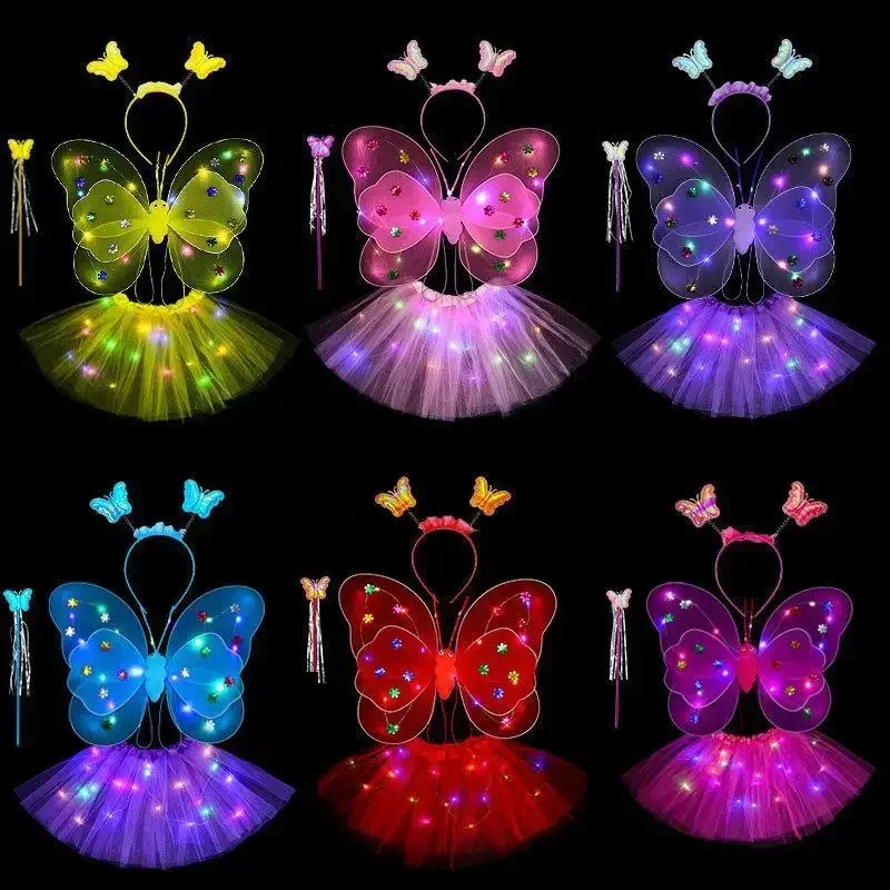 4Pcs/Set LED Glowing Colorful Kids Girls Fairy Princess Costume Stage Wear Luminous Butterfly Wings Wand Headband Tutu Skirts