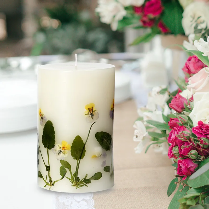 wholesale Wedding Large Candles Set Dried Flower Pillar Scented Candle Handmade White Decorative Aromatic Candles Dining