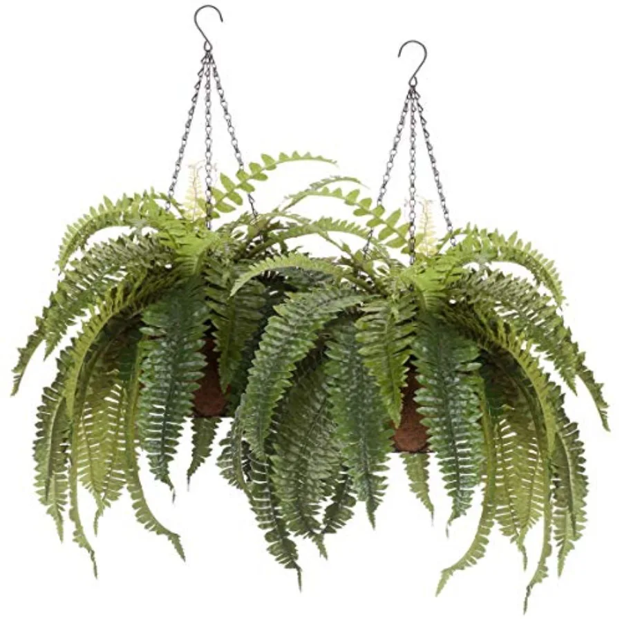 Artificial Fern Hanging Basket Set of 2 Indoor Outdoor Use 23 L Green Premium Realistic Look