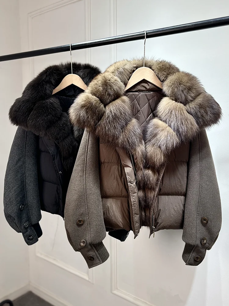 Lagabogy 2026 Natural Real Fur Collar Down Coat Women Thick Puffer Jacket Autumn Winter Loose Patchwork Sleeves Female Parkas