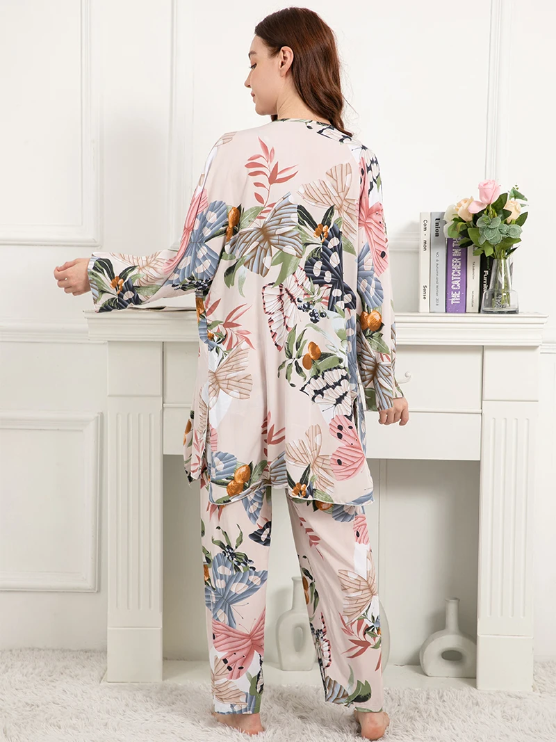 Plus Size S-XXXL 100% Viscose Ladies Spring Autumn Pajamas Set Comfortable Soft Home Suit Robes with Pants Pyjamas Sleepwear