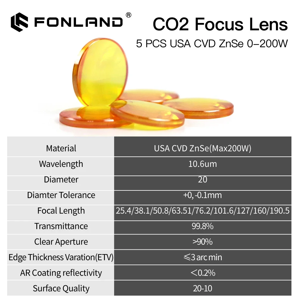 Fonland 5PCS Focus Lens USA CVD ZnSe DIA 20mm FL 38.1/50.8/63.5/76.2mm for 0-200W CO2 Laser Engraving Cutting Machine