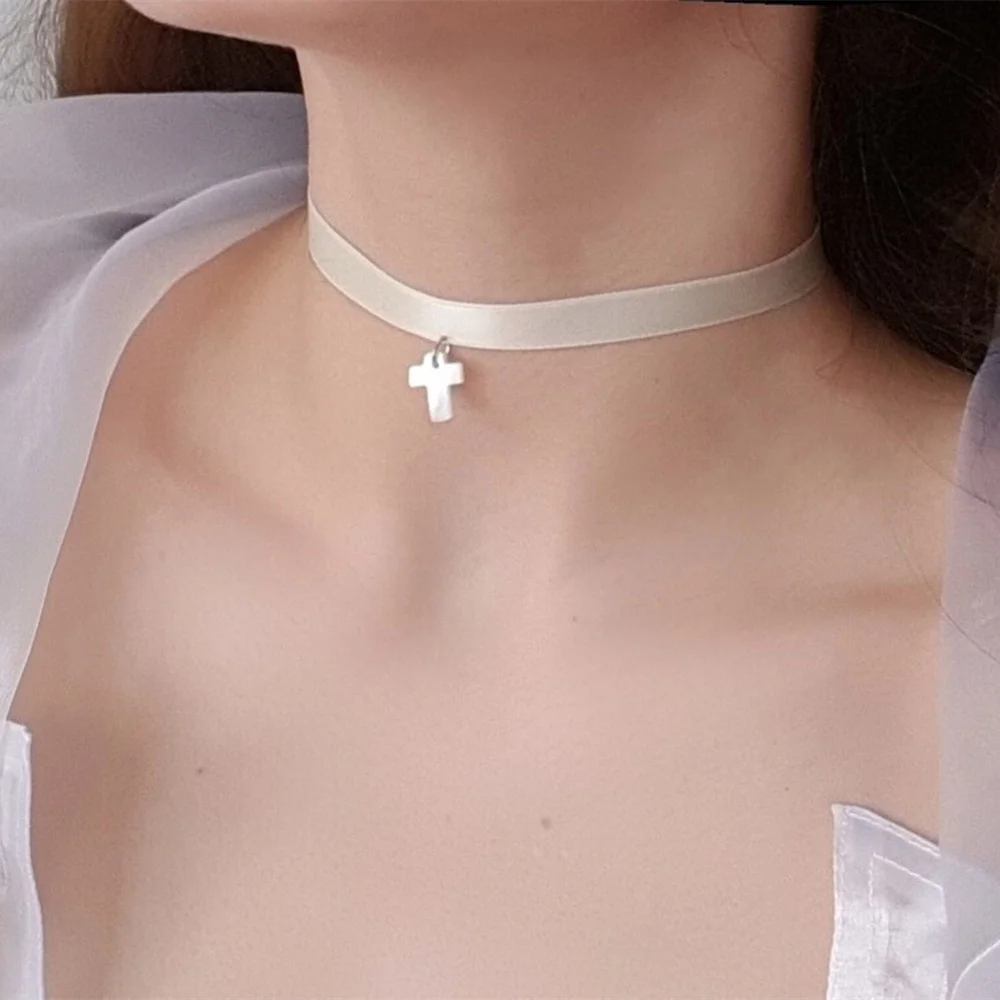 Vintage Simple White Silk Ribbon Necklace For Women Girl Fashion Boho Cross Artificial Pearl Pendant Choker Baroque Jewelry Gift