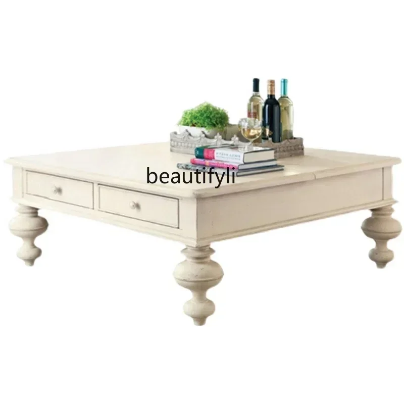 American-Style Solid Wood Coffee Table  Living Room Black Square Lifting with Drawer Storage Simple Coffee Table Customization