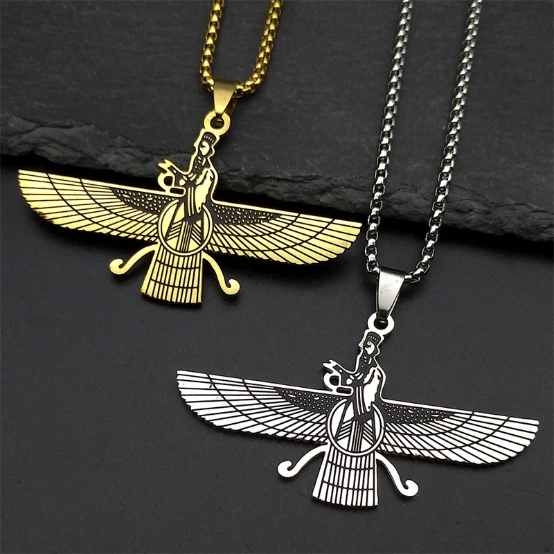 Faravahar Iranian Persian Mazda Pendant Necklace for Men Women Stainless Steel Gold Color Zoroastrianism Amulet Chain Jewelry