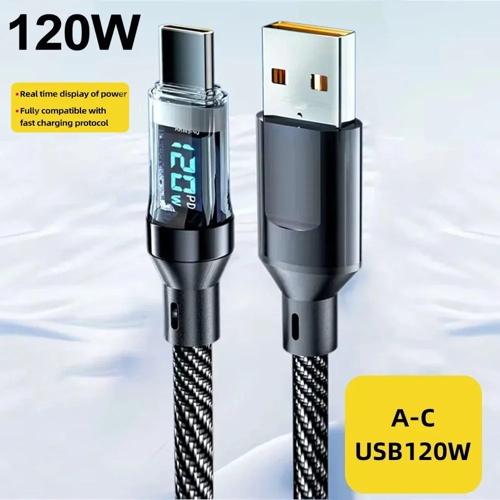 120W Car Audio Speaker Charging Cable USB to Type C Intelligent Digital Display PD Data Cable Car Charge Accessories for Samsung