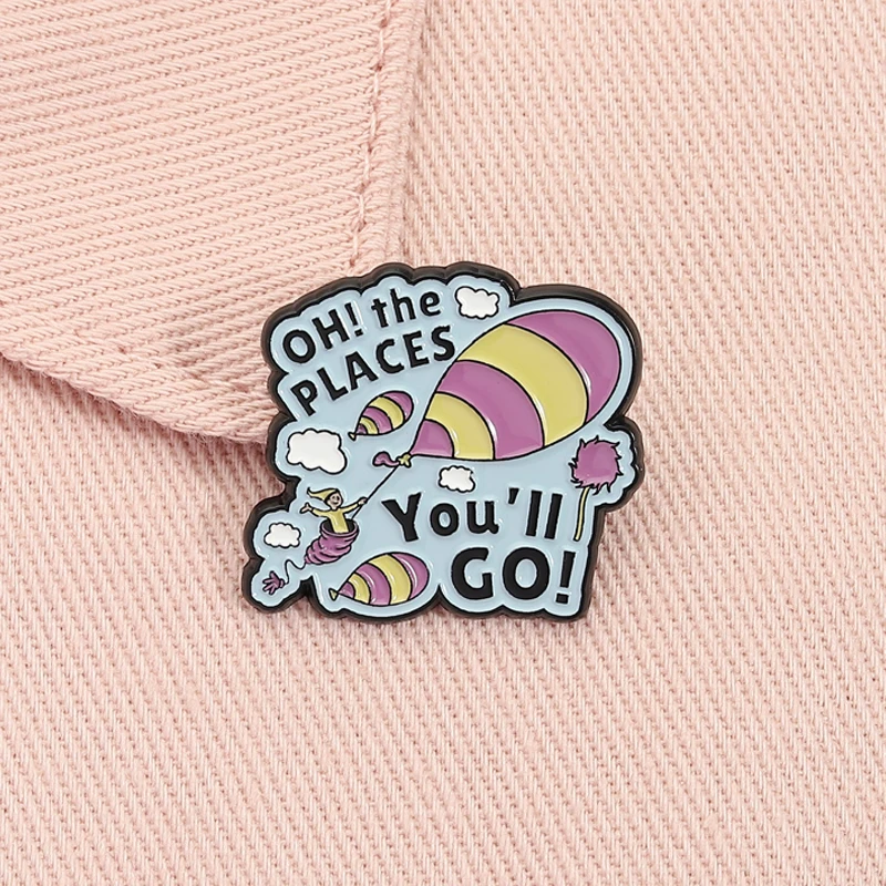 أوه الأماكن سوف تذهب المينا دبوس الدكتور سوس الأطفال كتب مصورة منطاد الهواء الساخن بروش شارة التلبيب مجوهرات هدية للأصدقاء