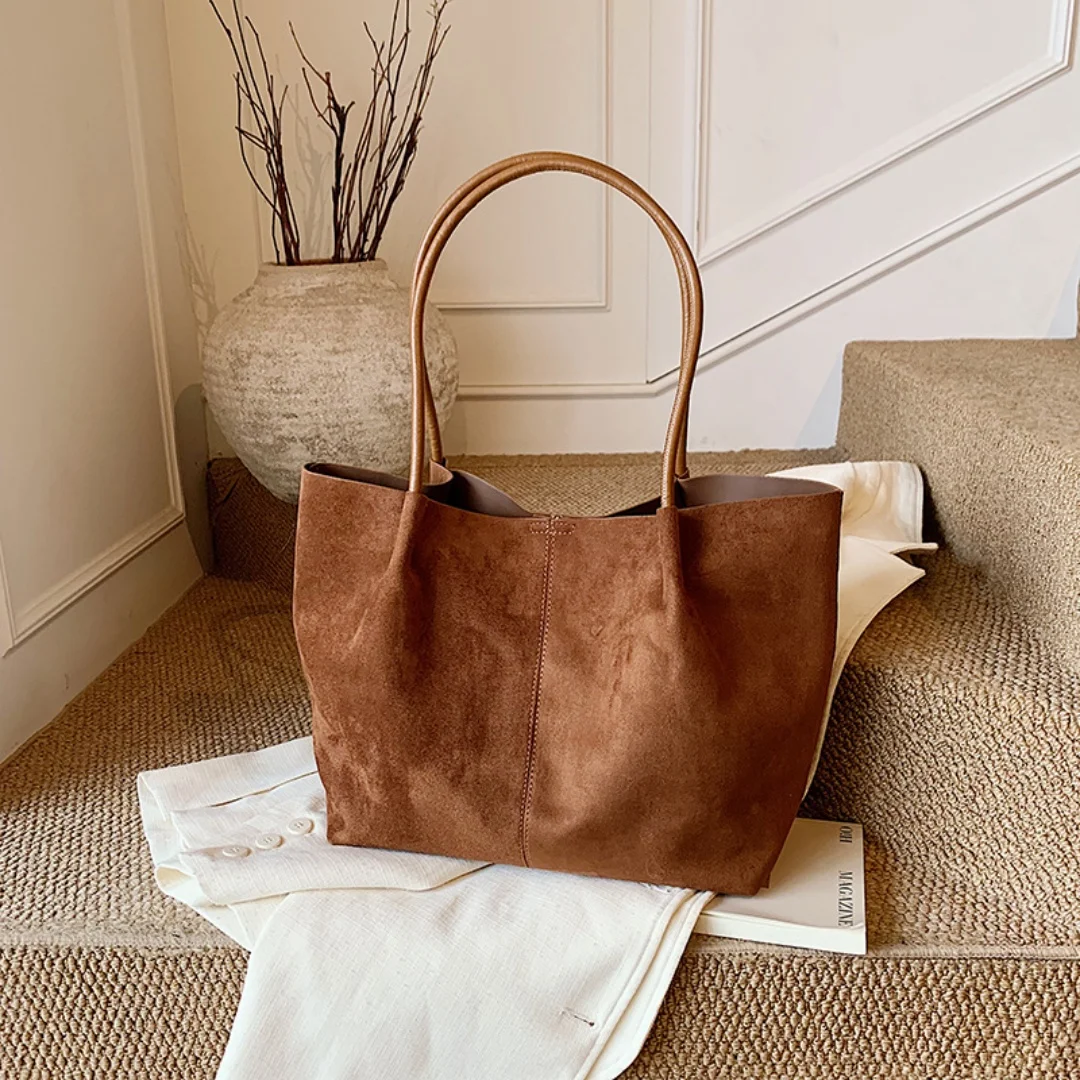 Vintage Suede Large Tote Bag for Women Soft Faux Leather Shoulder Bag with Zipper Pouch Big Capacity Handbag for Work School