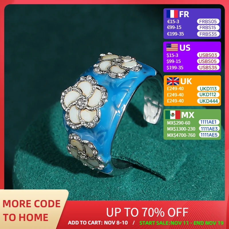 

Vintage Blue Enamel White Flower Ring For Woman Silver Color Rhinestone Trends 2025 Jewelry Accessories Christmas Wedding Gift