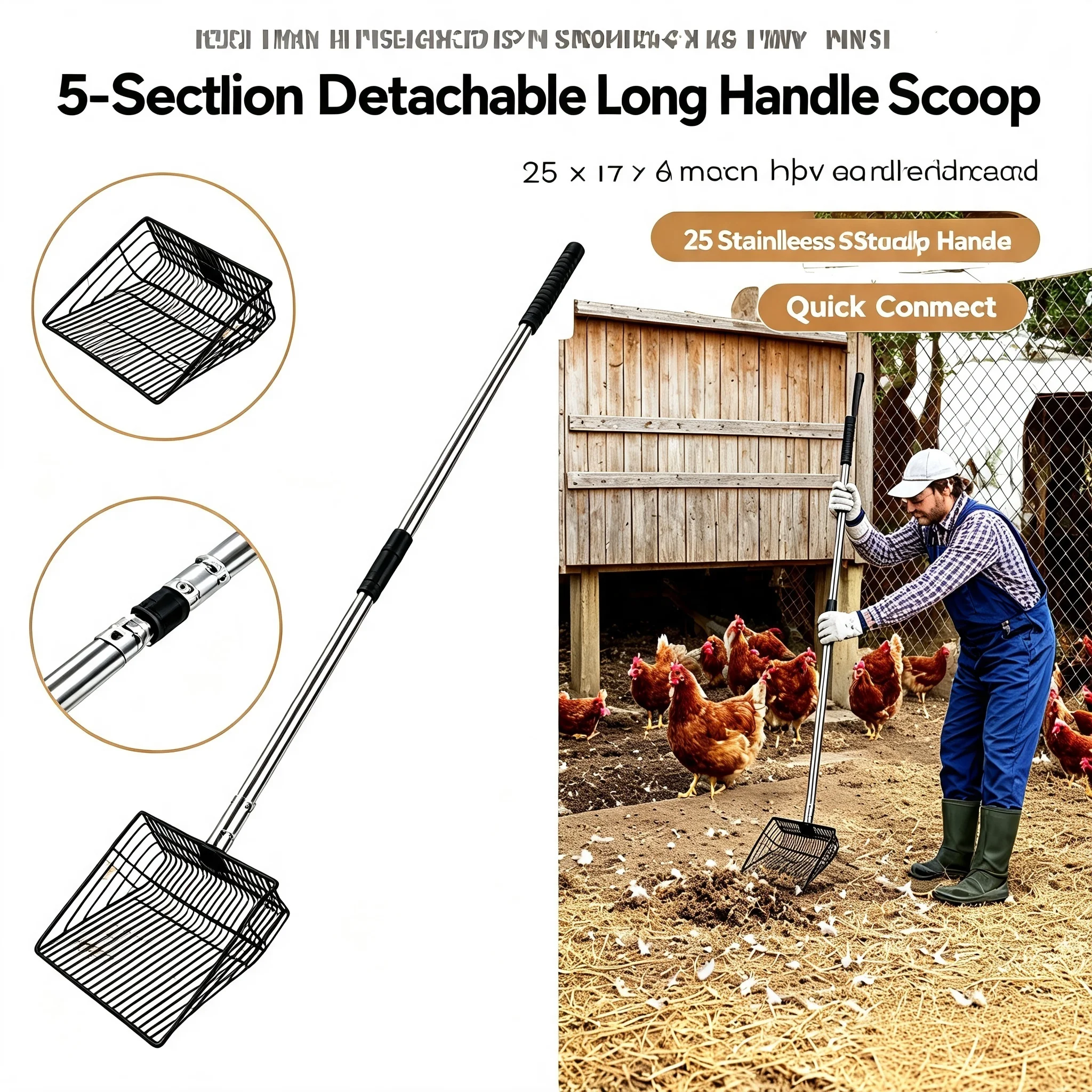 Large Stainless Steel Litter Scoop, Long Grip Shovel for Cat Litter, Chicken Manure & Feather Cleaning, Poultry Litter Picker