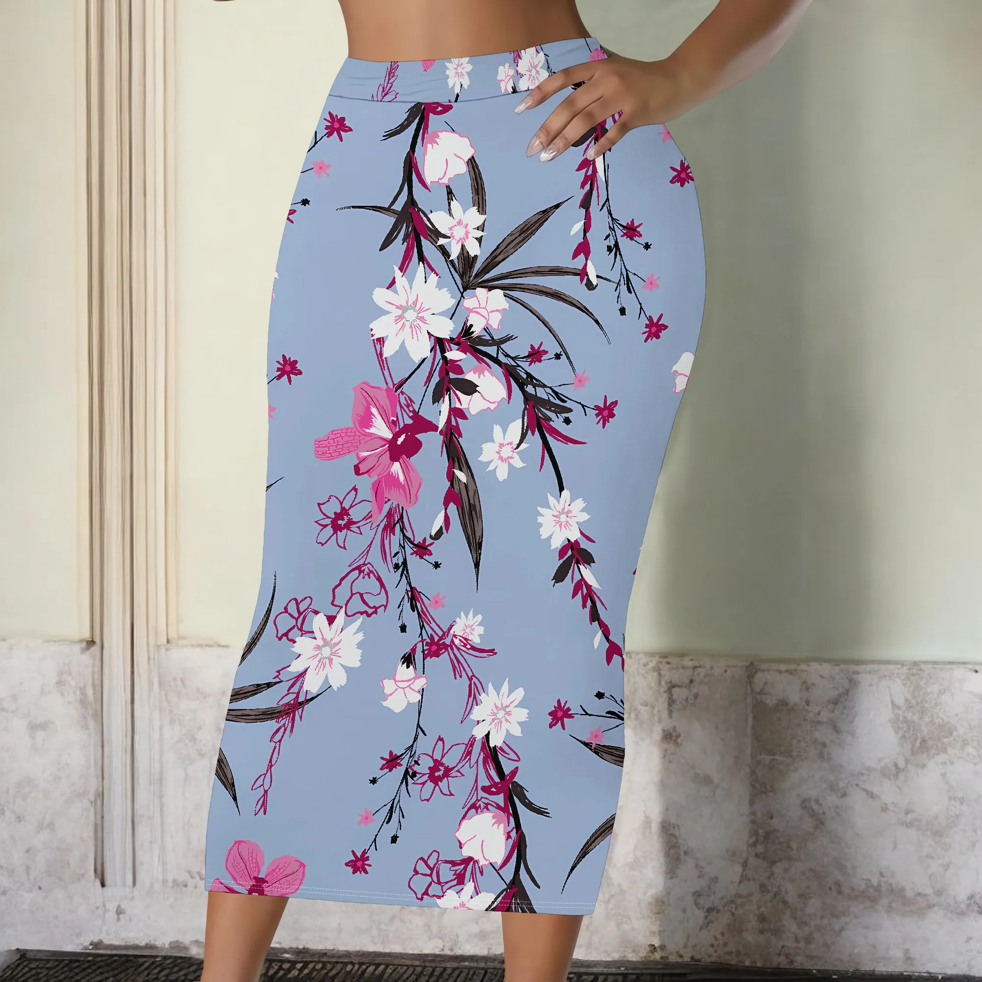 Blumendruck-Midirock, Rosa Blumen-Bleistiftrock, Blauer Botanischer Bodycon-Rock für Damen Büro- und Partykleidung, S-2XL – Detail 2
