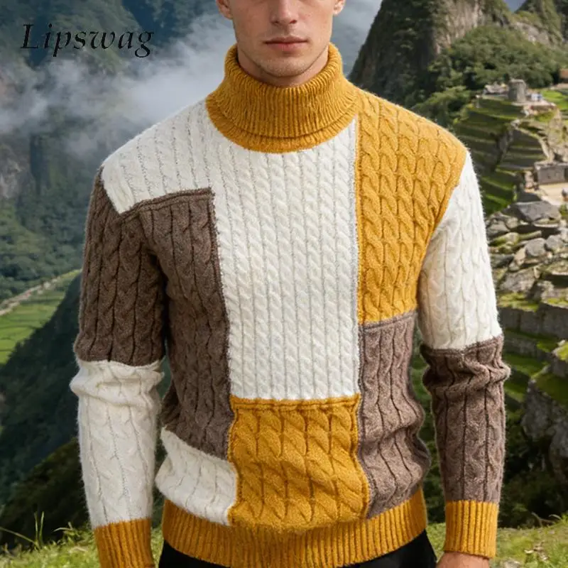 

Fashion Contrast Color Sweaters Mens Vintage Patchwork Long Sleeve Slim Knitted Tops Men Fall Winter Stylish Turtleneck Sweater