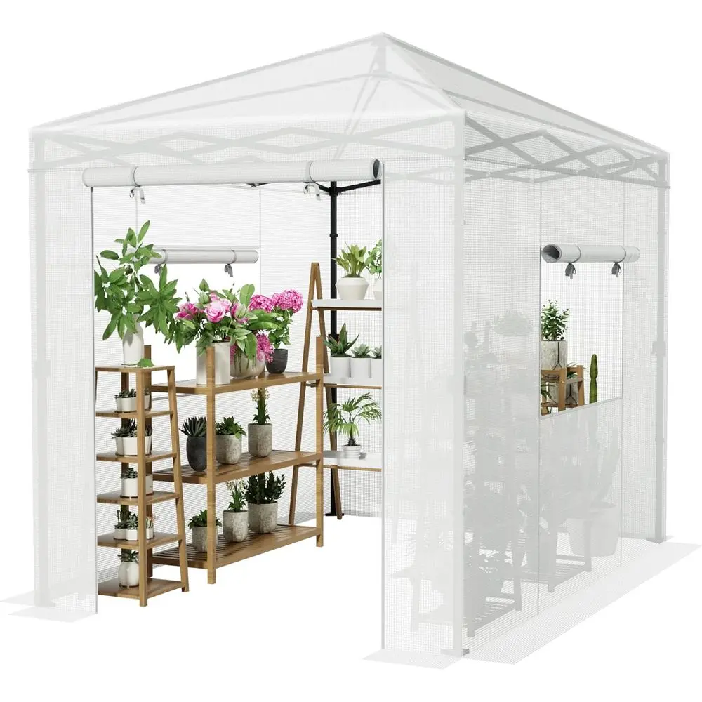

Portable 8x6 Greenhouse with Center Lock, PE Cover, Zippered Door, and 2 Roll-up Windows, Easy Assembly (White)