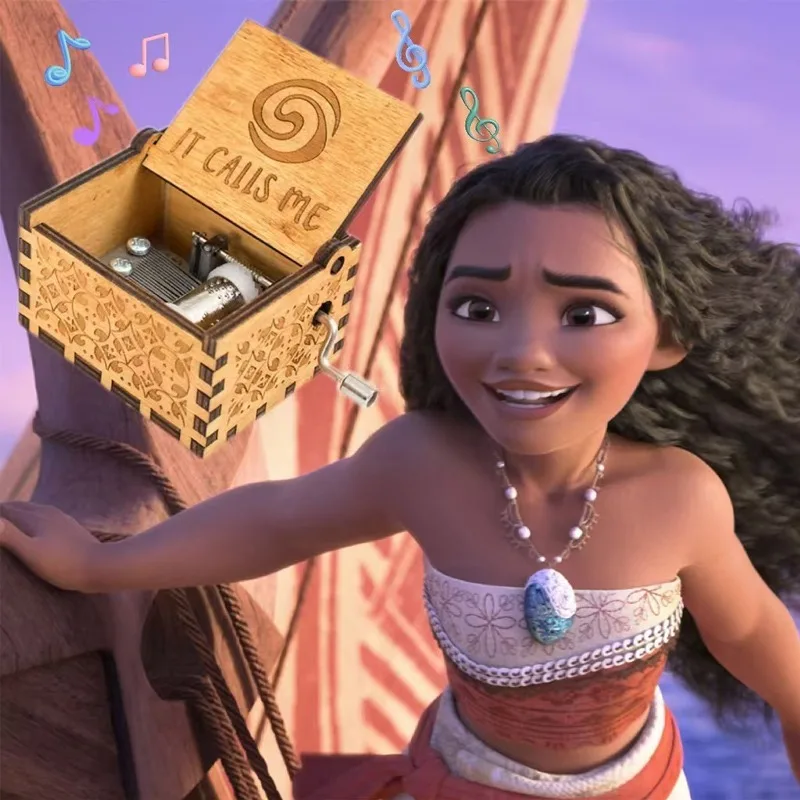 Disney Moana Music Box Hand Crank Musical Box Carved Wooden Musical Box for Girl Birthday Gift Play Moana Theme How Far I'll Go