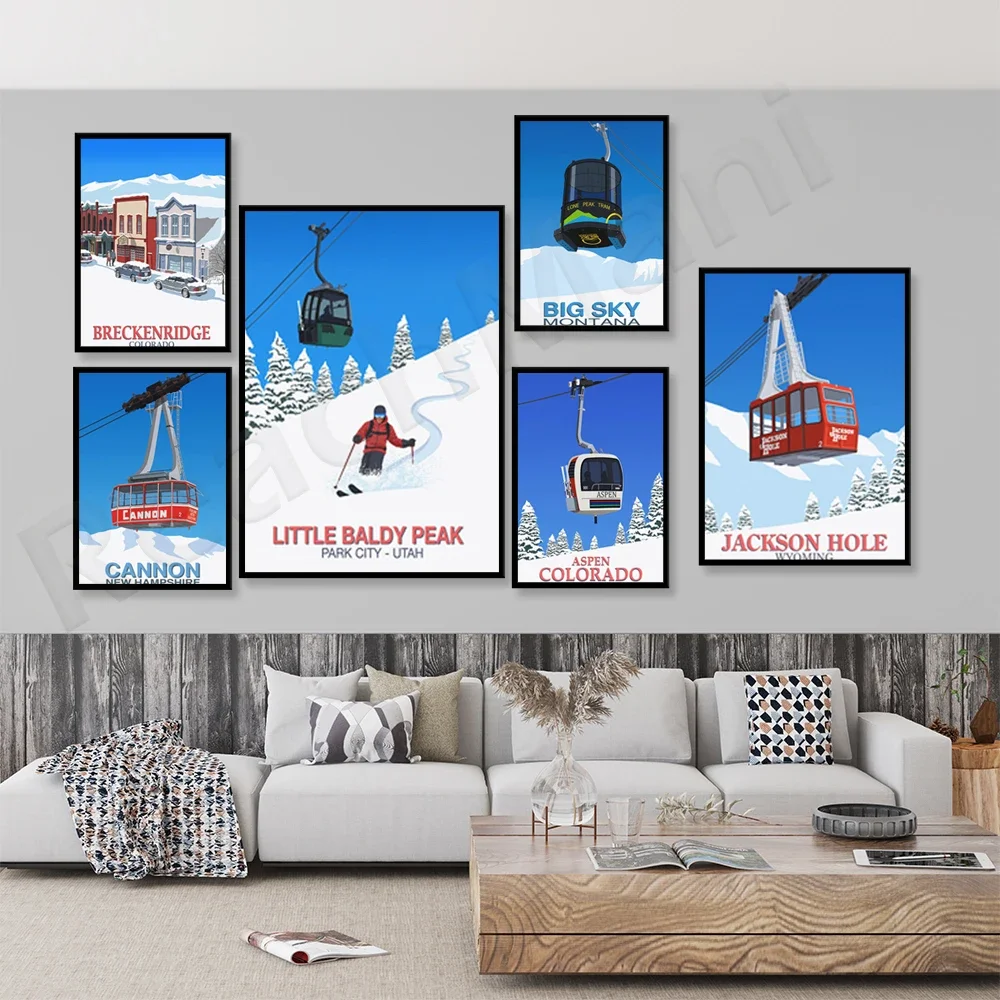 Little Bald Peak, Aspen Ski Win, Beaver Creek, Cannon Ski Resort, Breckenridge Ski Resort, Jackson Hole Retro Cable Car Poster