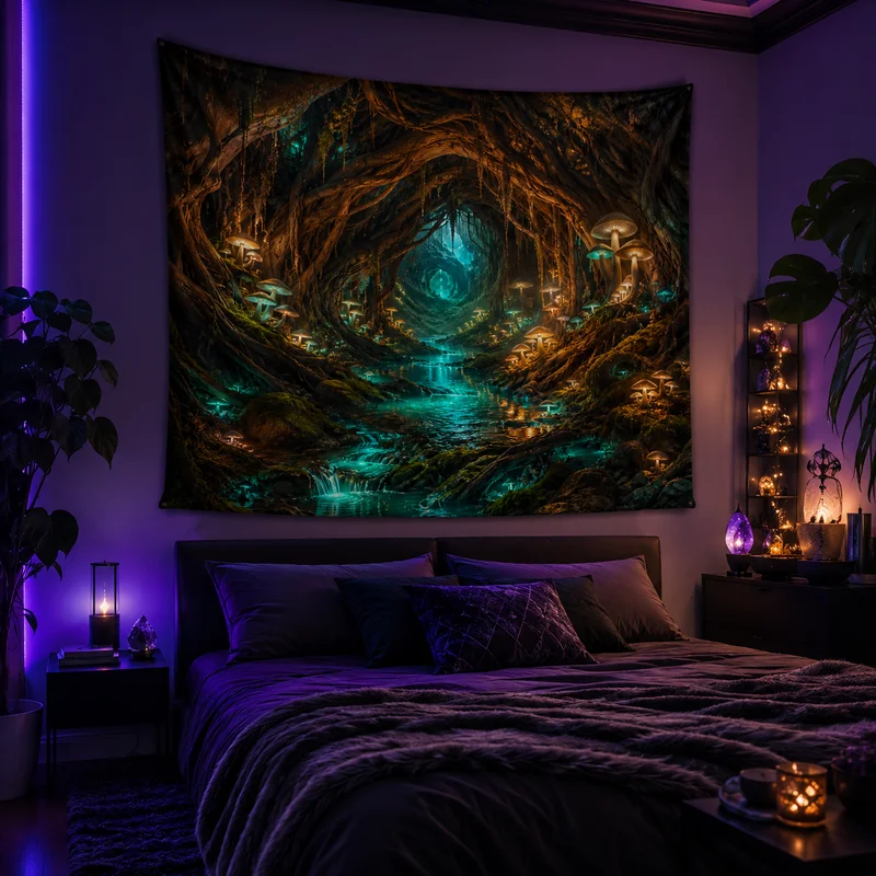 VIKAMA Brown Green Ancient Tree Root System Tunnel Tapestry Wrapping Giant Roots Cave Blue Stream Waterfall Room Decoration