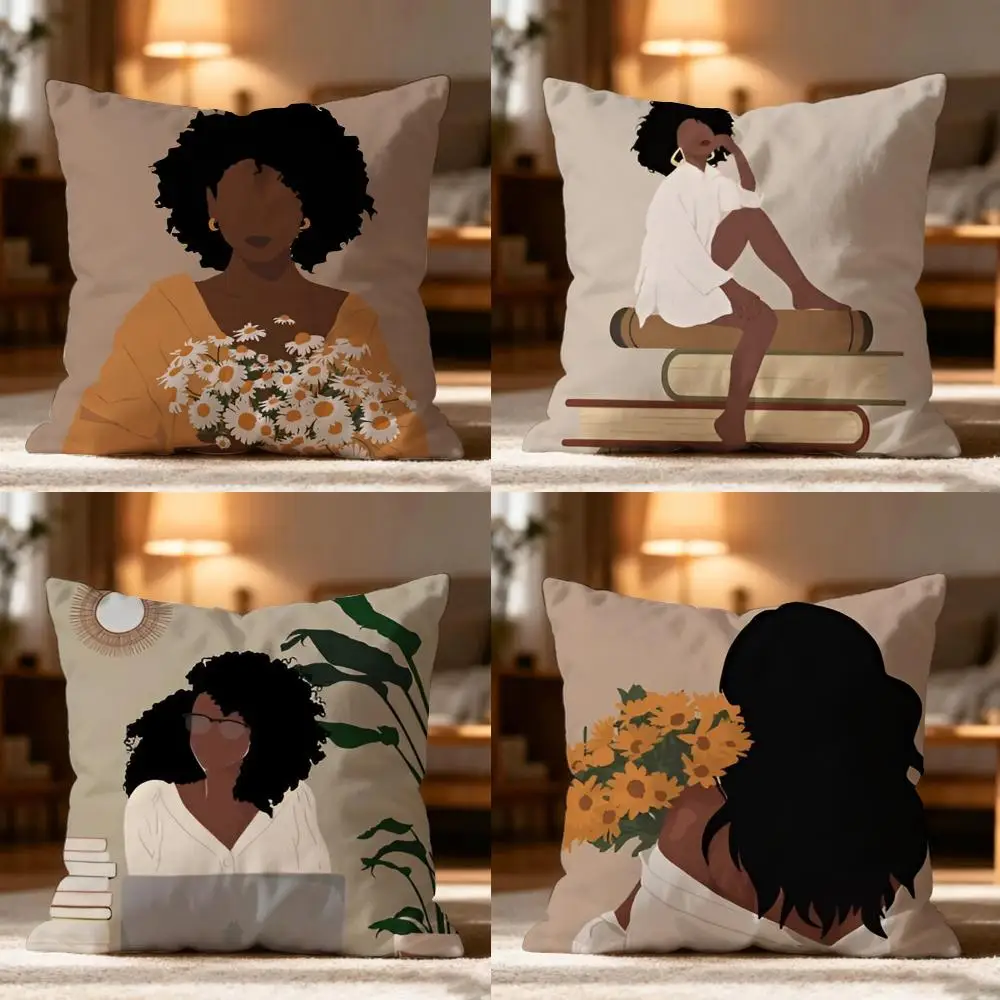 Black Woman Art Anime Cushion Cover Cushion Cover Soft Washable Pillow Case Multi-Scene For Couch Bed Travel Office Use