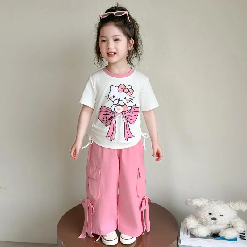 

Girls Summer Bow Short Sleeved Pants Set Girls New Waist Cinching T-Shirt Children's Fashionable Workwear Pants Two-Piece Set
