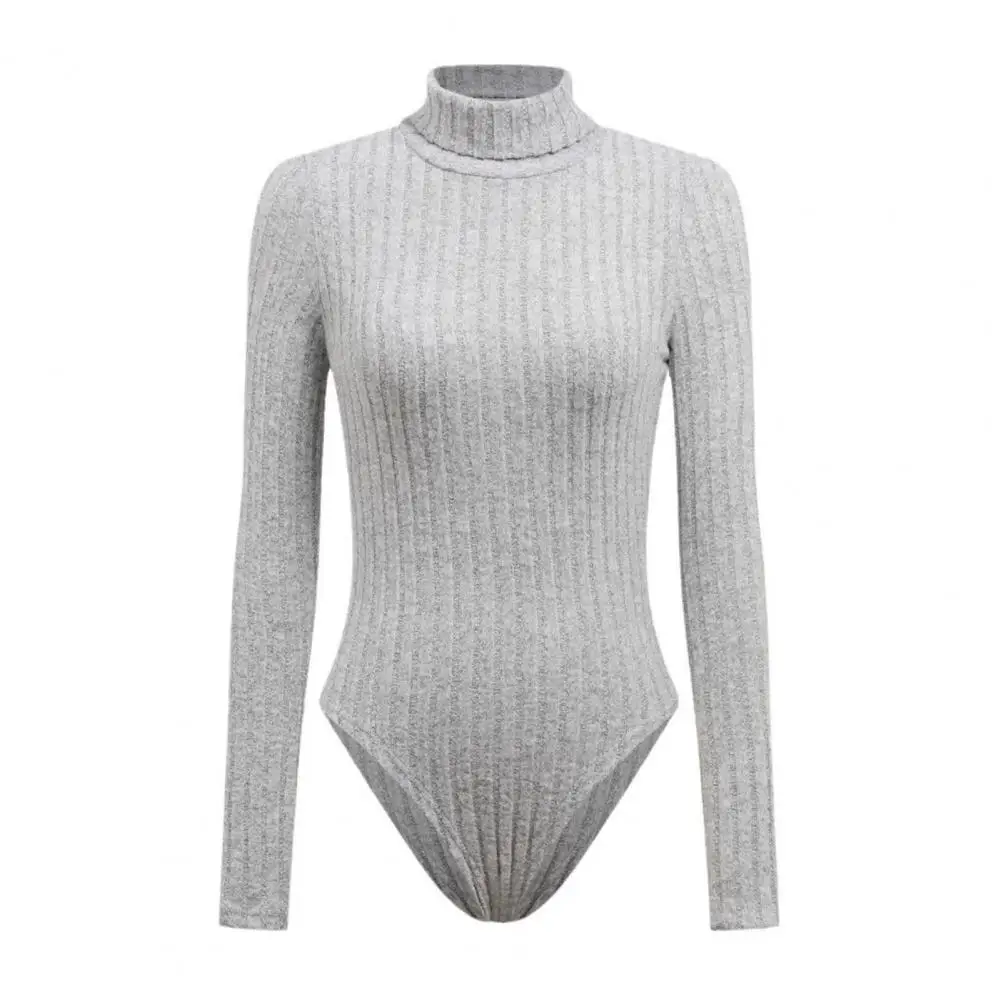 Polyester-Spandex-Overall, gerippter Strickpullover, Bodysuit, Stehkragen, Herbst-Top, sexy, figurbetonter Overall, Damen, schmale Passform, dehnbar