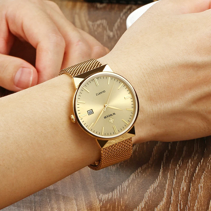 2022 Fashion Wwoor Top Brand Men Simple Slim Watches Luxury Gold Steel Mesh Ultra Thin Waterproof Date Wrist Watch Golden Clock