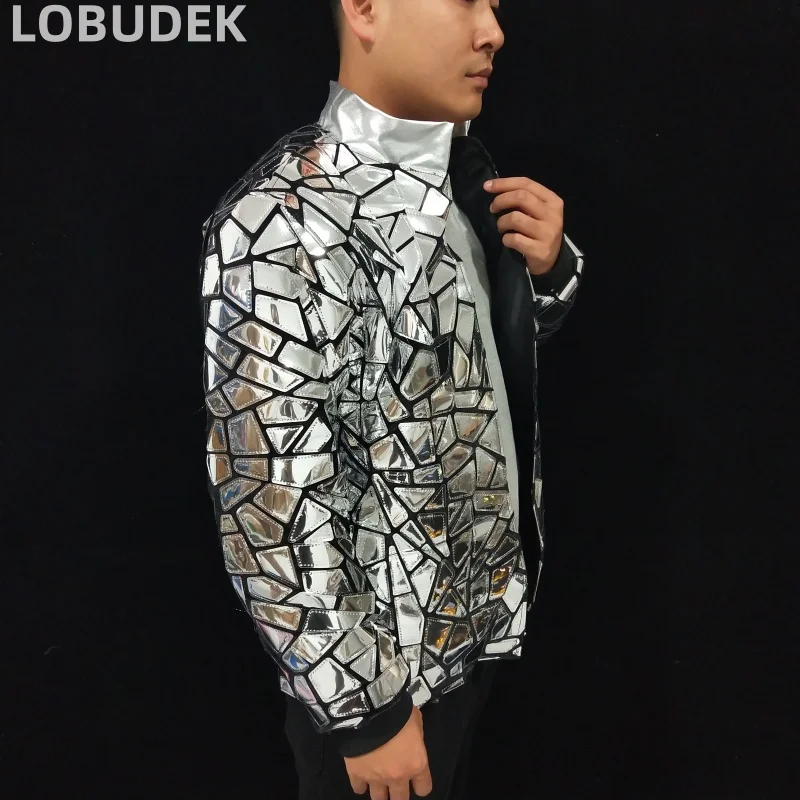 Silver Mirror Jacket Casual Sequins Coat Male Singer Star Stage Performance Costume Long Sleeve Slim