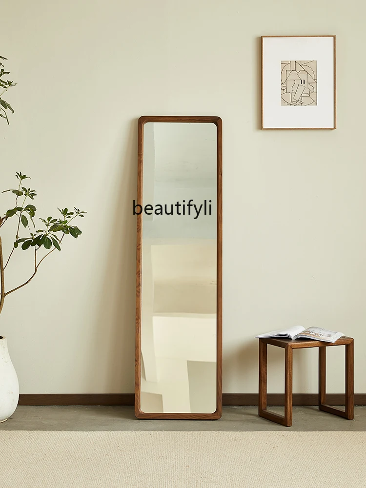 North America Black Walnut Wooden Dressing Mirror Nordic Simple Solid Wood Floor   Home Mobile Wall Sticking Full-Length Mirror