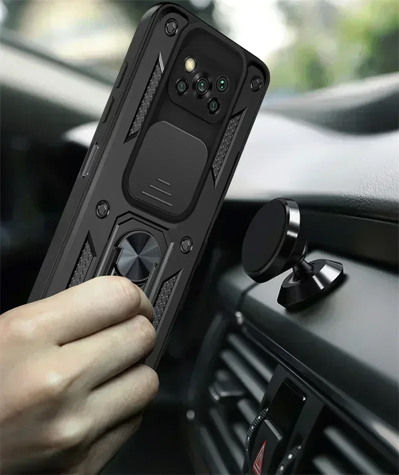 Slide Camera Shockproof Armor Case For Xiaomi Poco X3 Pro Car Magnetic Holder Ring Protect Cover For Poko Little X 3 X3Pro NFC