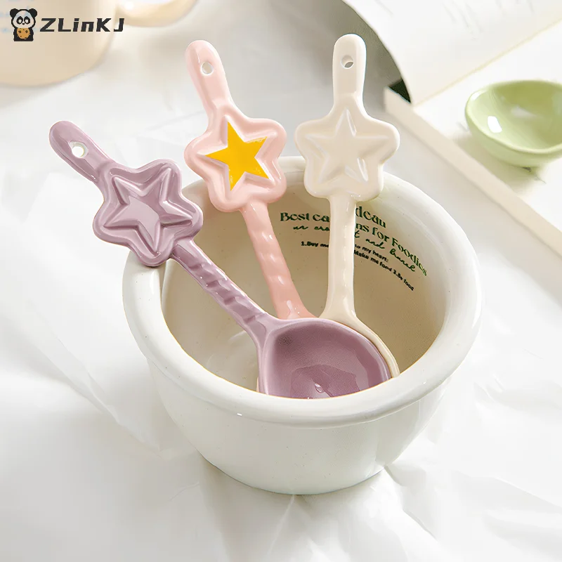 ▶1PCS Kitchen Ceramic Star Shaped Spoon Twisted Spoon Cute Long Handled Cream Design Coffee Stirring Spoon