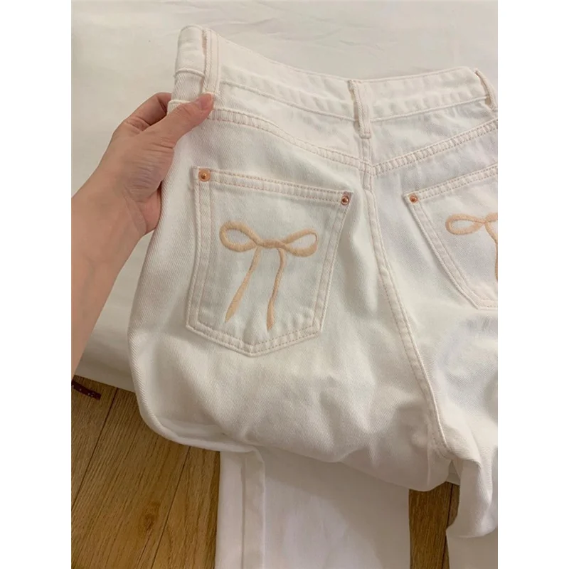 White Women Jeans High Waist Vintage Straight Y2K Summer Denim Pants Streetwear American Embroidery Wide Leg Baggy Denim Trouser