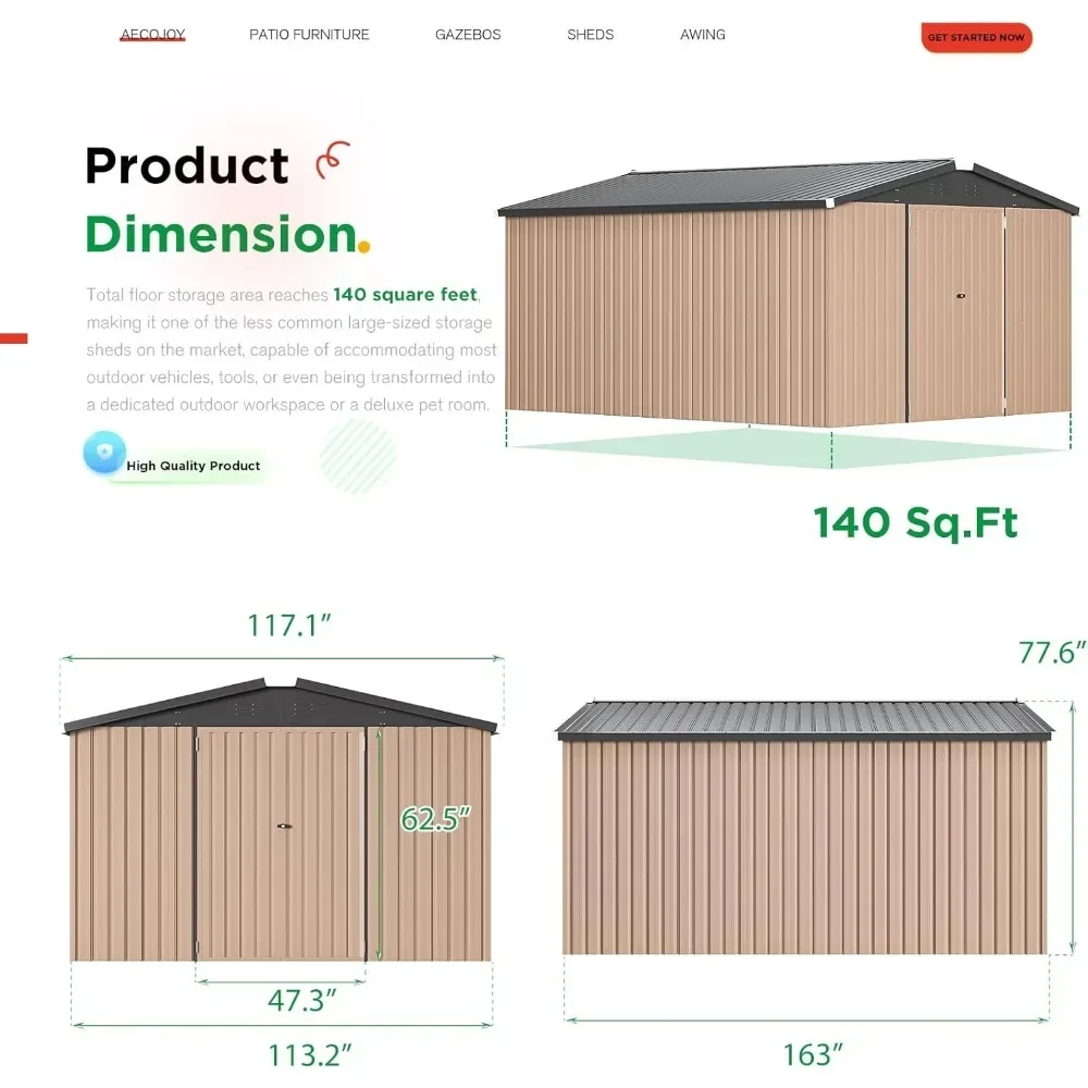 10 'x 14' capannone in metallo, capannoni di stoccaggio per esterni e deposito per esterni 10 'x 14' con porte bloccabili, ampio capannone in acciaio