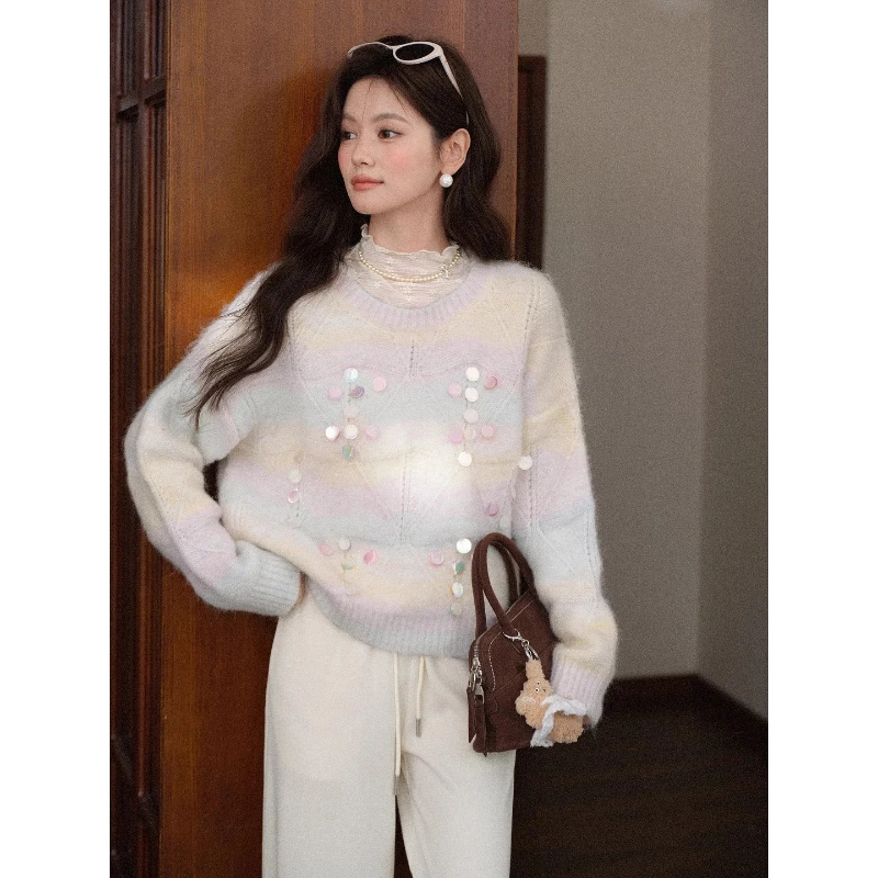 

ALXNAN Colorful Striped Sweater Autumn Sequins Round Neck Hollow Out Loose-fit Knitwear Gentle Sweet Versatile Pullovers L59008