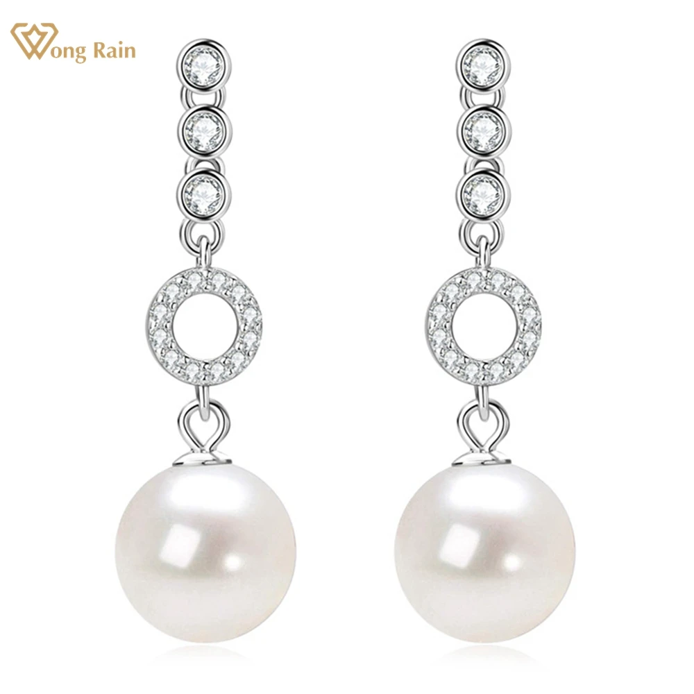 

Wong Rain 100% 925 Sterling Silver 9.5 MM Pearl High Carbon Diamond Gemstone Elegant Drop Dangle Earrings Fine Jewelry Wholesale