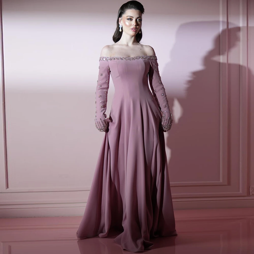 

Exquisite Boat Neck Long Sleeves Evening Dress High Quality Jersey Prom Dresses Delicate Crystal Customized Celebrity Gowns