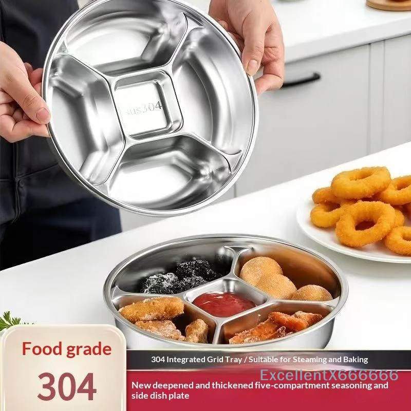 1PC Round Stainless Steel Divided Serving Tray,5-Compartment Stackable Prep Dish For Spices,Condiments,Snacks & Meal Prep