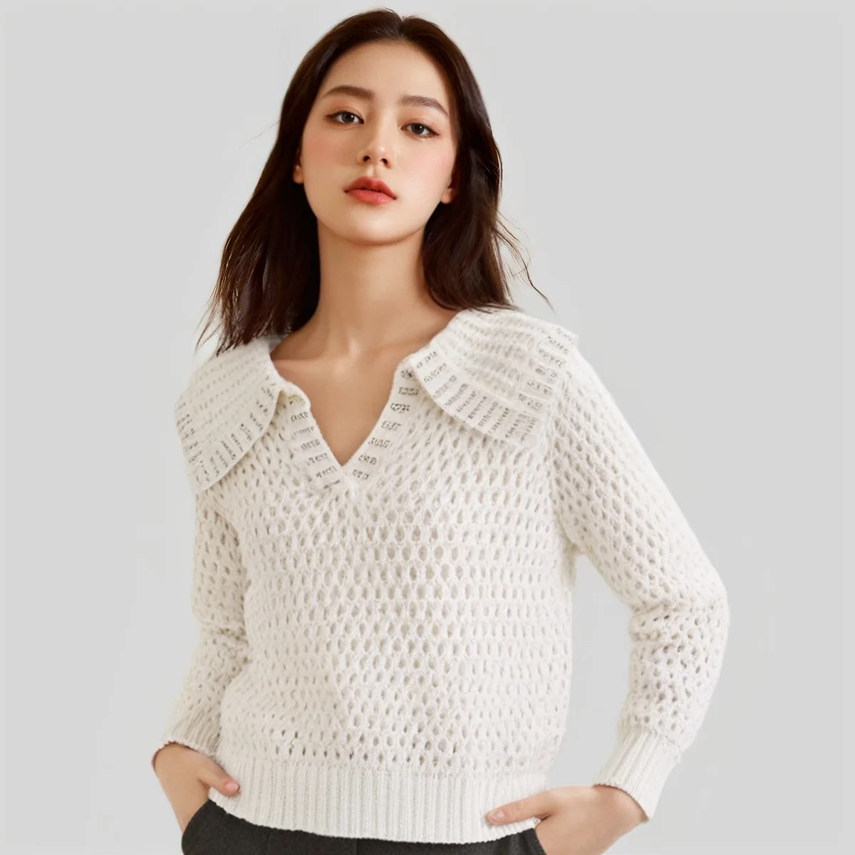 

S Rhinestone Collar Crochet Hollow Out Sweater for Women New Winter Design French Sailed Collar Loose Pullover Tops Long Sleevs