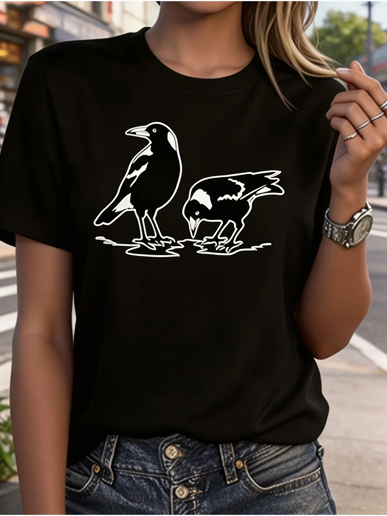 Printed T‑Shirt Bird Comfortable Versatile Casual Short Sleeves Everyday Wear Comfort Basic Tee Casual Daily Minimalist T‑Shirt
