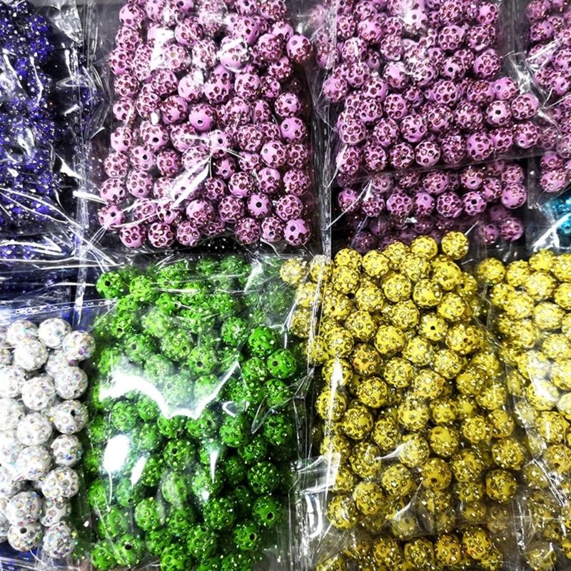 F42F Pack of 10010mm Round Loose Bead Colorful Rhinestones Bead Sparkling Disco Ball Clay Beads Jewelry Crafting Supplies