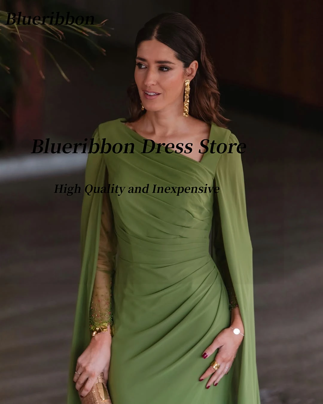 Blueribbon Saoedi-Arabië Galajurken Kralen Lange Mouwen Flutters Avondjurk Rits Terug Robe Des Soiree Aangepast