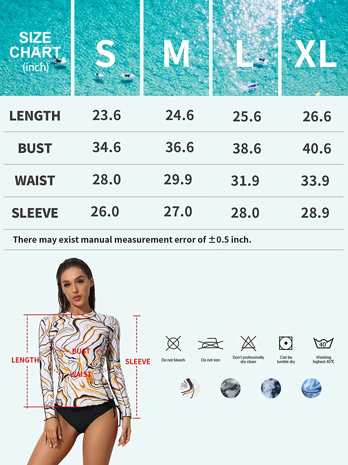 Charmleaks Women Rash Guard Wave Print Szybkoschnące, oddychające topy surfingowe z długim rękawem UPF 50+ Koszula z okrągłym dekoltem