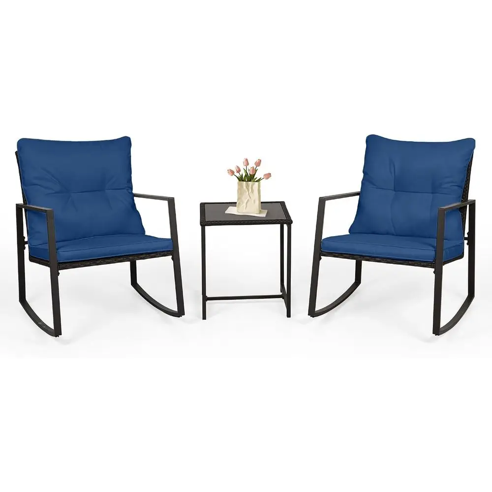 3 Piece Outdoor Rocking Bistro Set Black Wicker urniture Porch Chairs Contion Sets with Glass Coee Table, k Blue