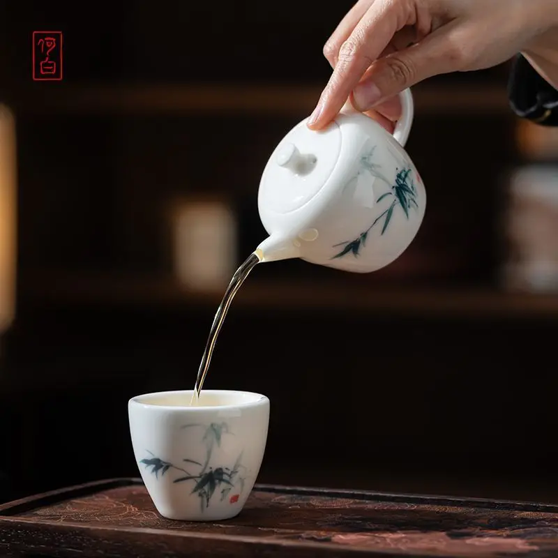 He Bai Classic Chinese White Ice Jade Porcelain High Temperature Underglaze Hand-Painted Bamboo Peace High-End Teapot Set Gift