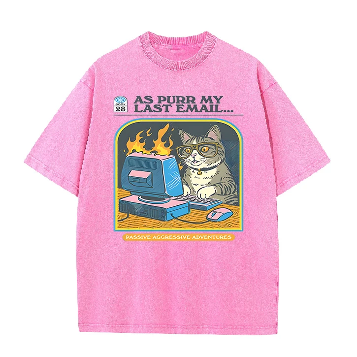 Washed Cotton T-shirt Cat Playing Computer Games Graphic Print Tees Unisex Vintage Casual Soft Breathable Short Sleeve Tops