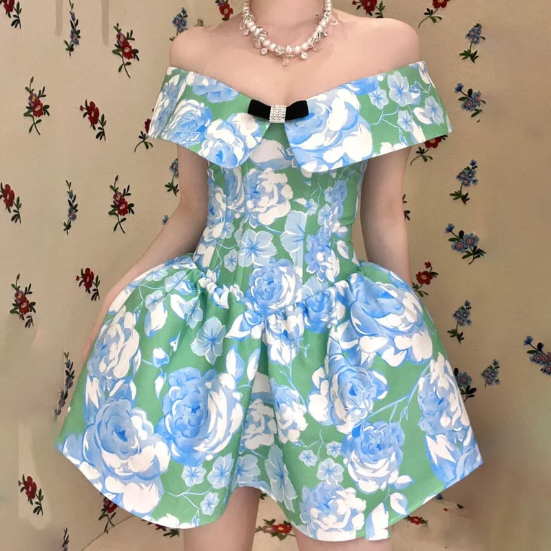 

Women's dress New printed mini dress for summer 2025 fishbone slim sleeveless short dresses Sexy off the shoulder party dresses