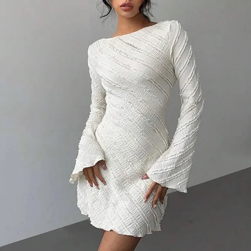 Women's New White Knitting Dress Boat Neck A Line Mini Long Sleeve Backless Dress Open Back Lace Up Elegant Dress