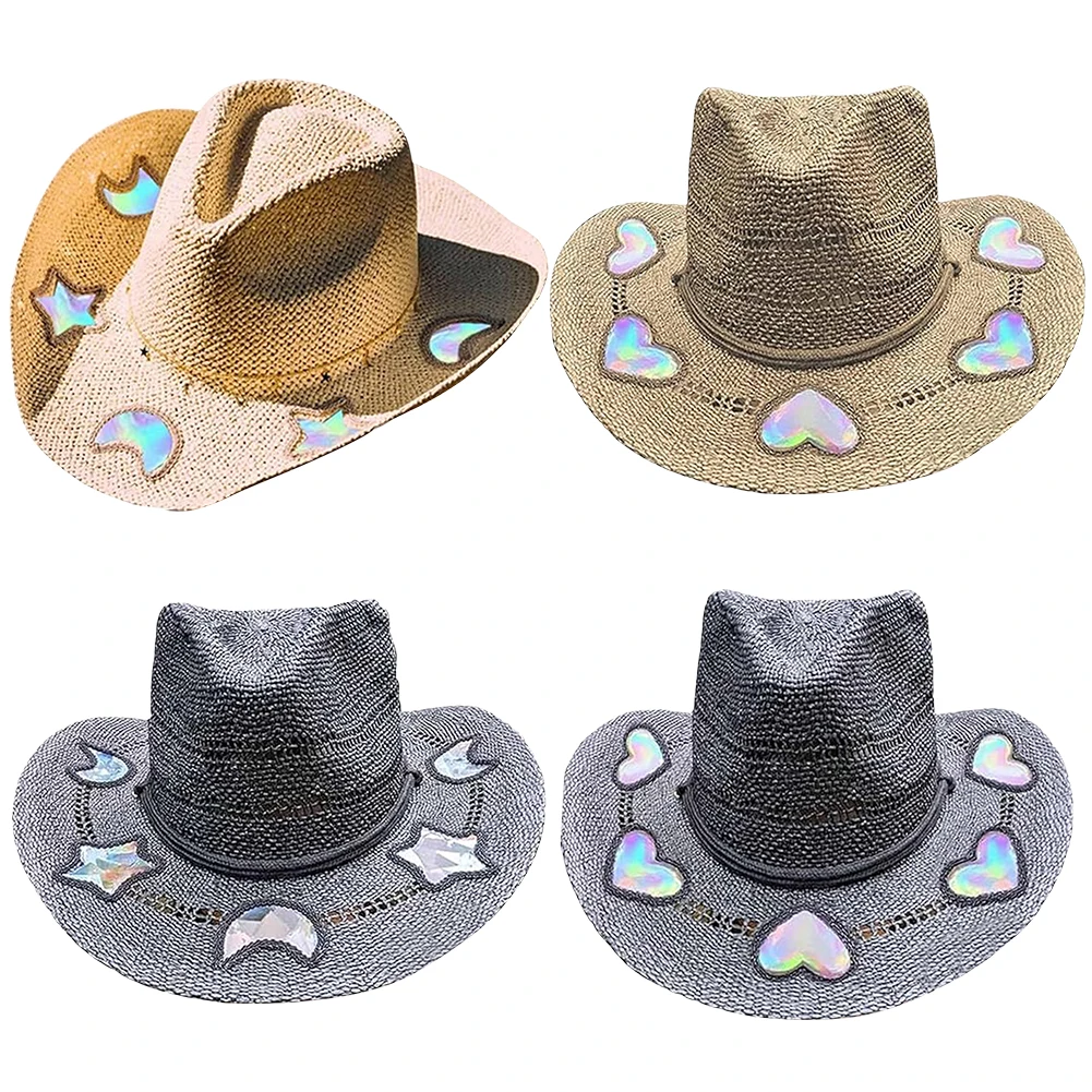 

Suncatcher Cowgirl Соломенная шляпа с призмой Ковбойская шляпа ручной работы Женская соломенная кепка с широкими полями Женская модная шляпа от солнца для летнего пляжа